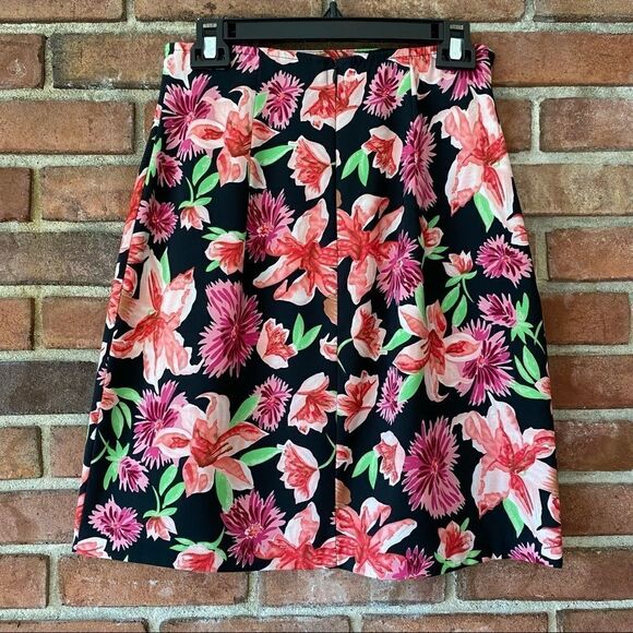 Black, Pink, and Green Vibrant Floral Print A-Line Skirt w/ Zipper and Elastic - Picture 6 of 7